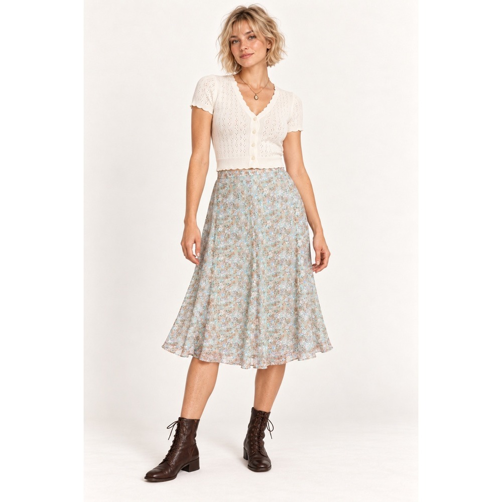 Jaclyn Smith Womens Floral Midi Skirt XL Green Chiffon Cottagecore Fairy  Boho